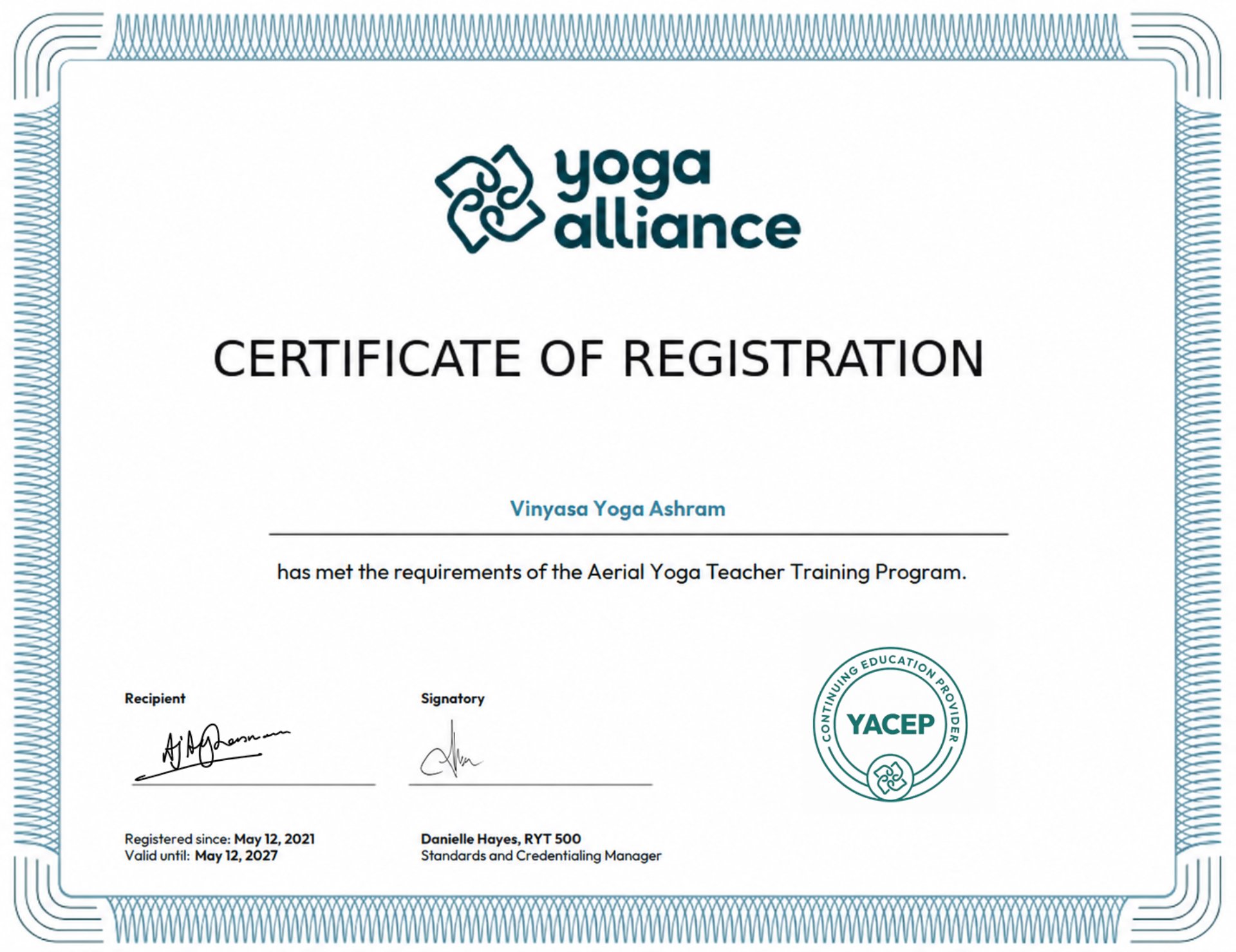 Yacep Certificate Vinyasa Yoga Ashram